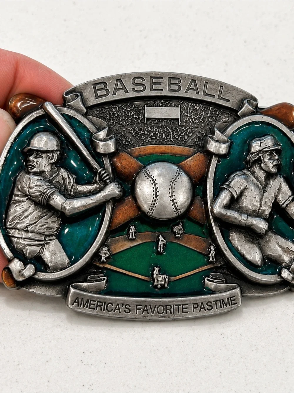 Vintage 1981 Baseball Belt Buckle Pewter Tone America’s Favorite Pastime